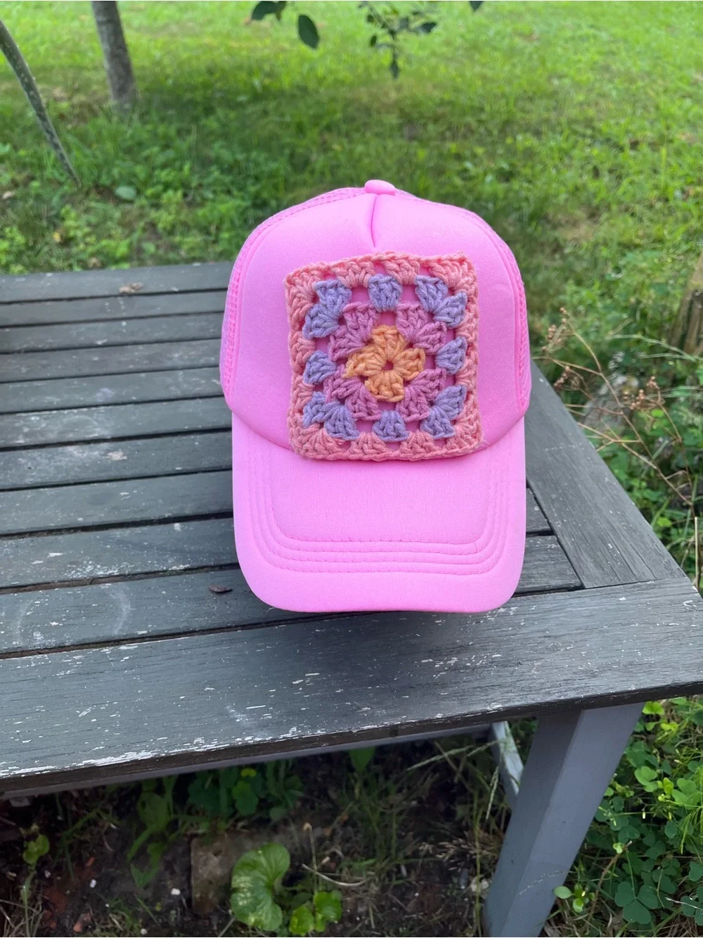 Pink Crochet Patch Boho Trucker Hat